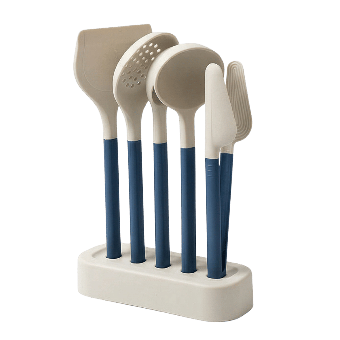Set of five kitchen utensils with blue handles on a white stand