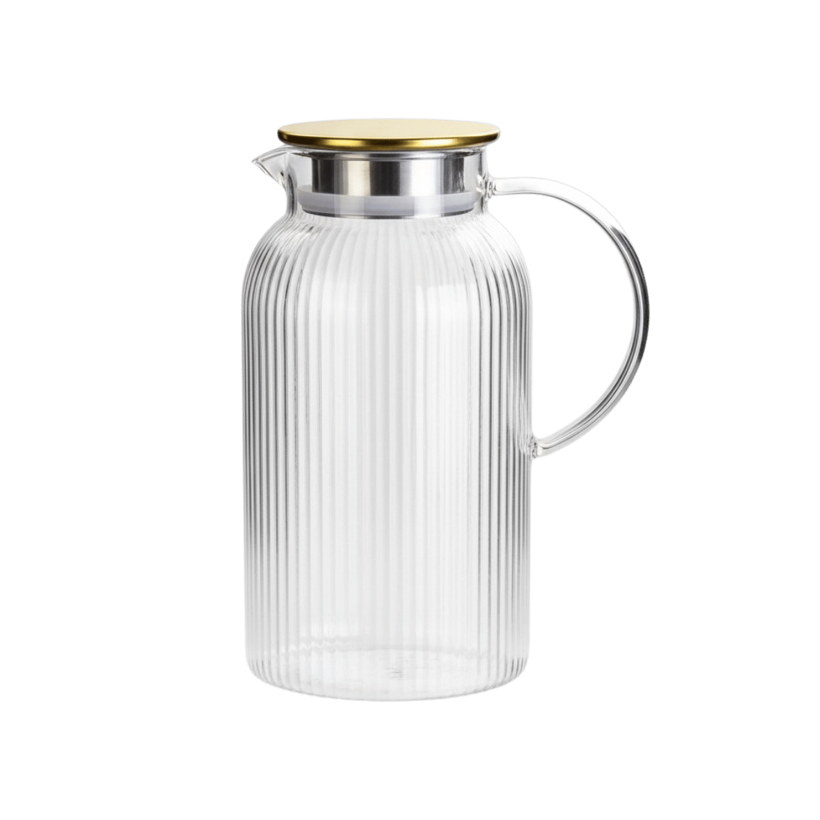 Clear glass pitcher with ribbed design and gold lid