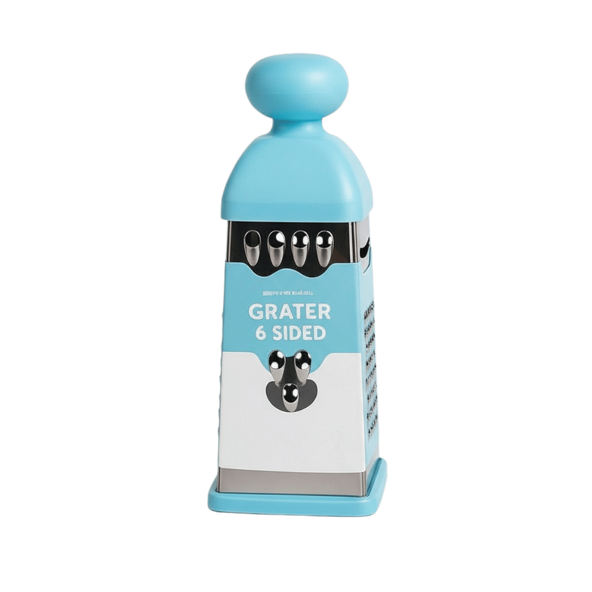 6-sided grater with blue handle and silver stainless steel body with a blue base