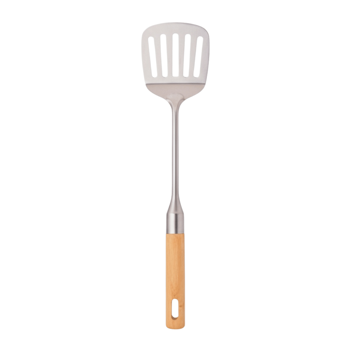 Stainless steel slotted spatula with wooden handle