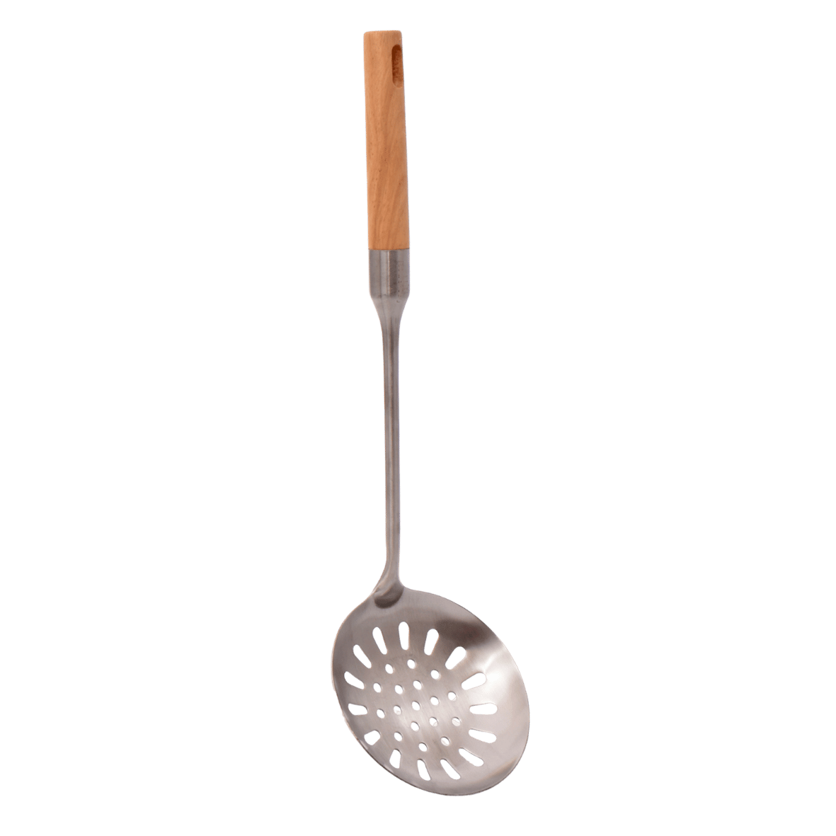 Stainless serving skimmer with wooden handle