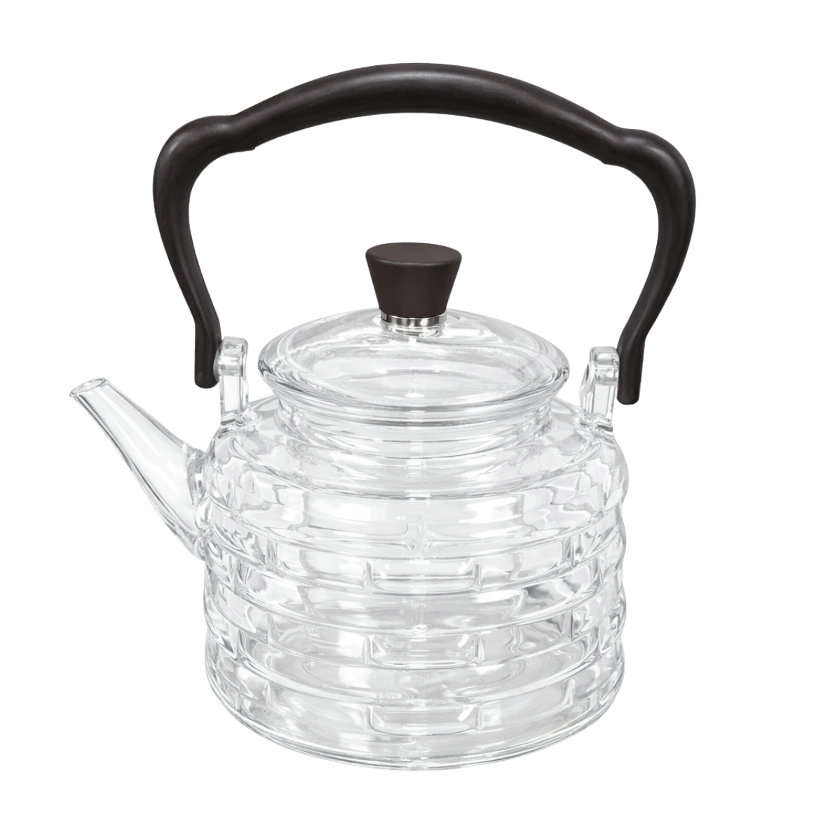 Clear glass teapot with black handle and lid knob