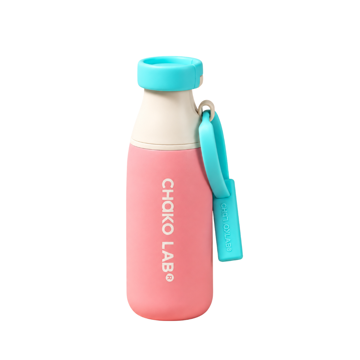 A pink and white Choko Lab insulated bottle with a turquoise cap, turquoise strap, and white logo printed vertically on the front, shown on a plain white background.