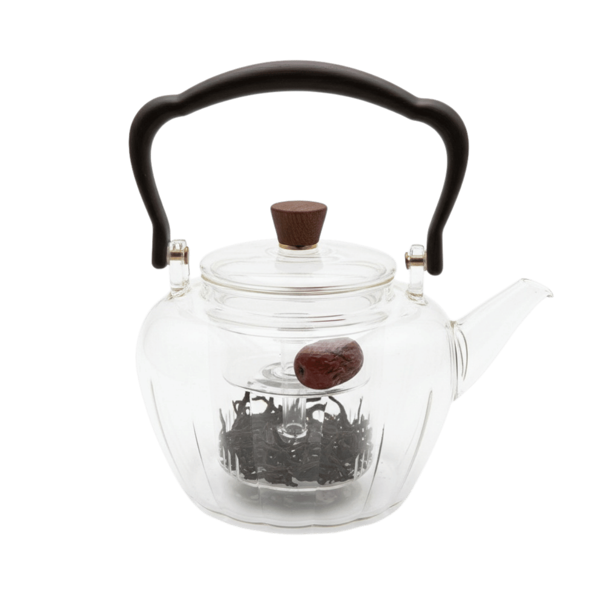 Clear glass teapot with black handle and lid knob with an internal measuring cup for defusing teas and herbs
