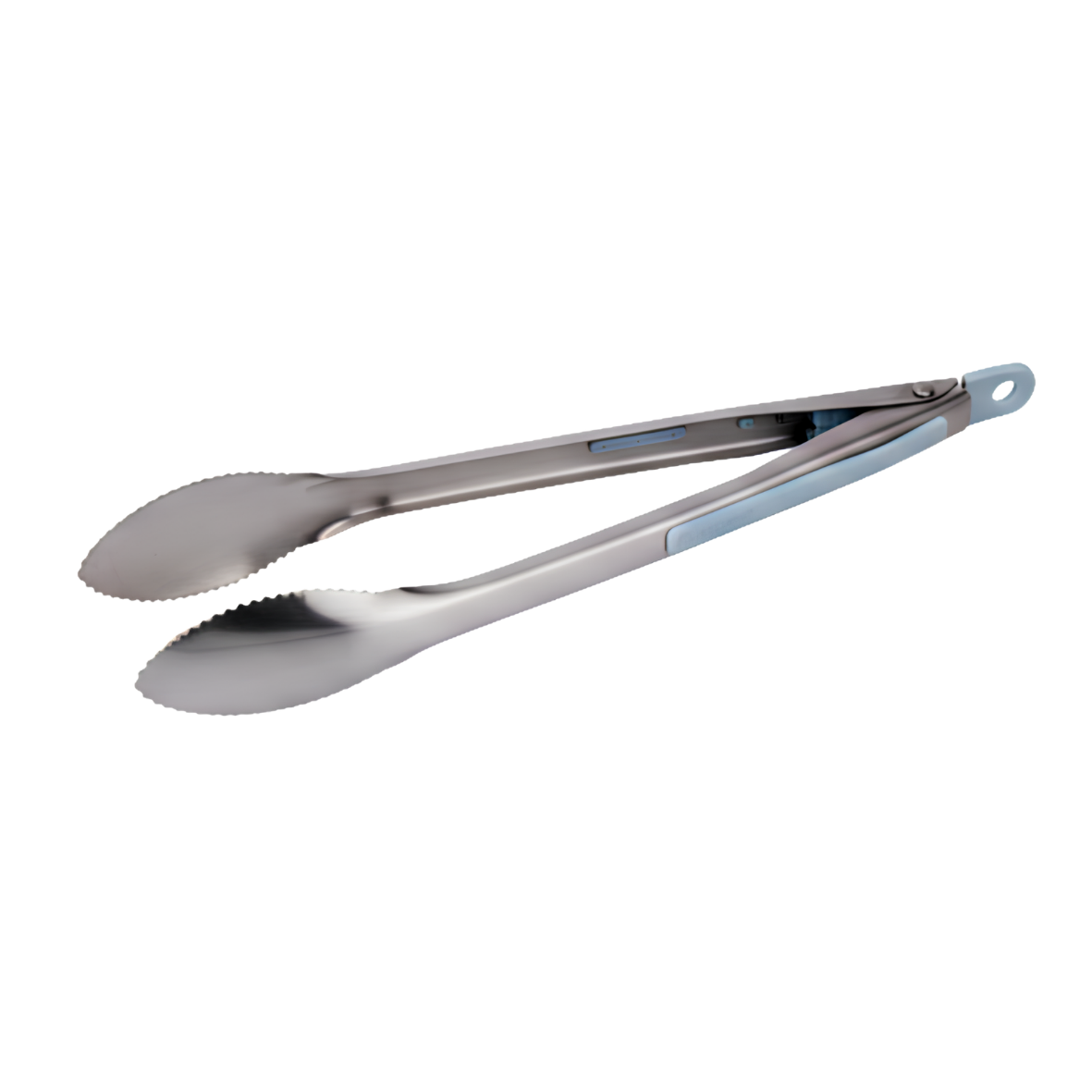 Stainless steel tongs with blue silicone grip