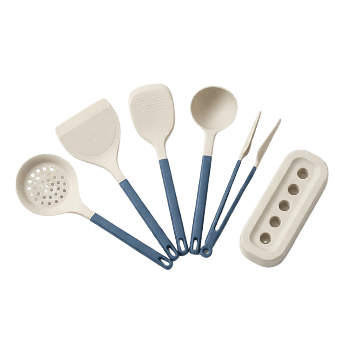Set of five kitchen utensils with blue handles and white stand