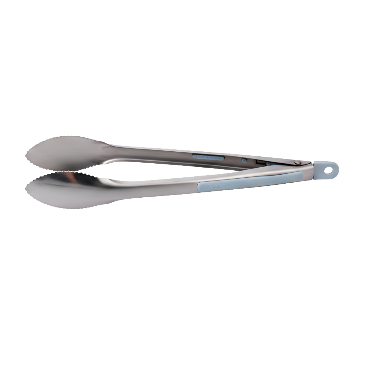 Stainless steel tongs with blue silicone grip