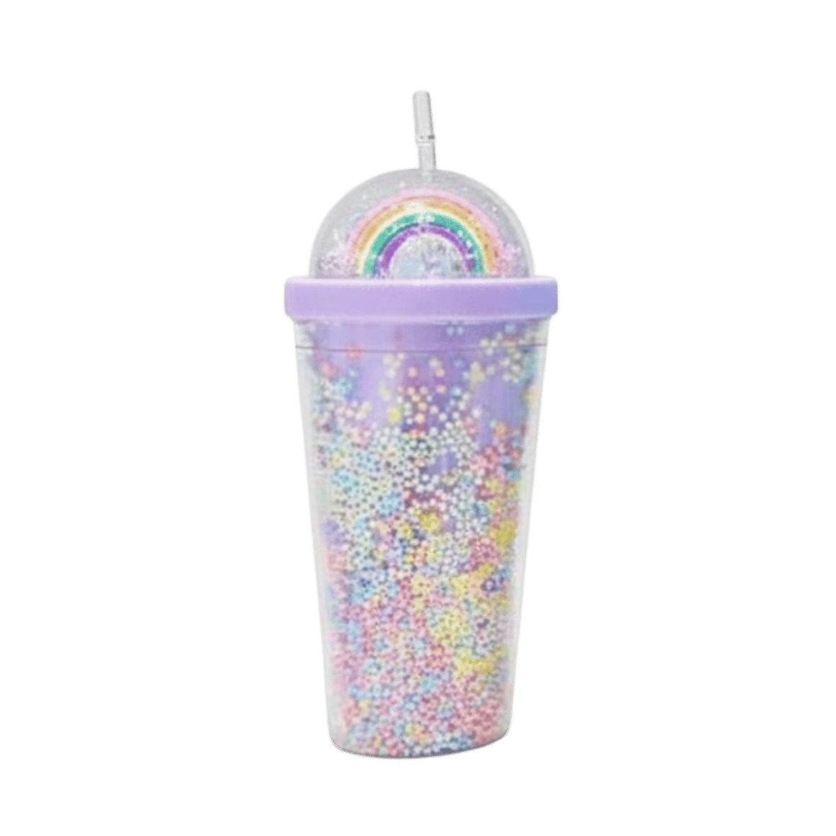 Light purple plastic cup with lid and straw with colorful beads, rainbow design on lid