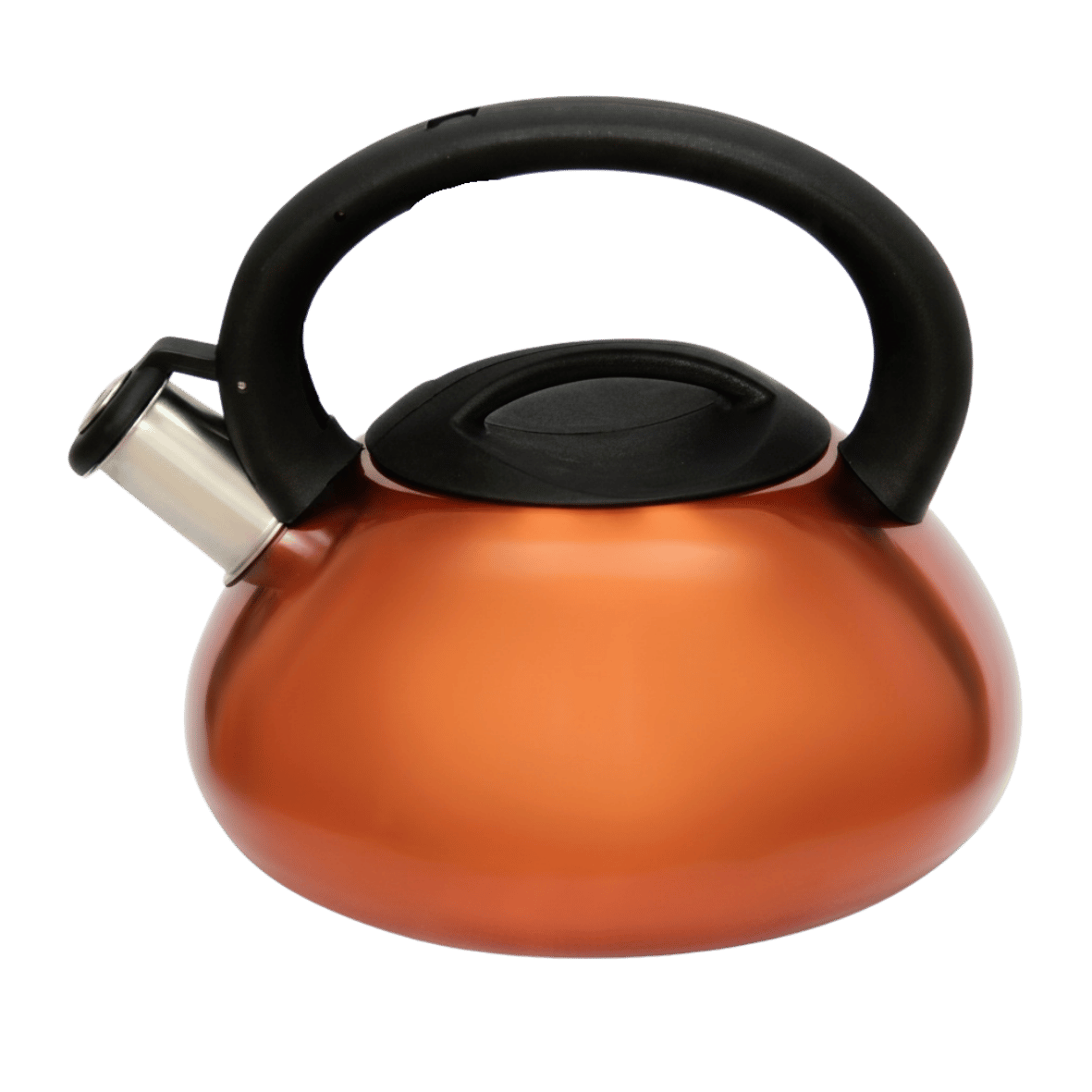 Copper colored whistle kettle with black handle on a white background