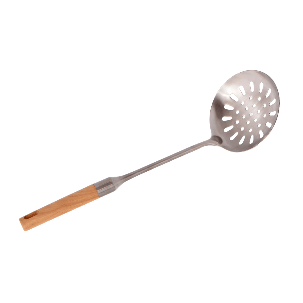 Stainless serving skimmer with wooden handle