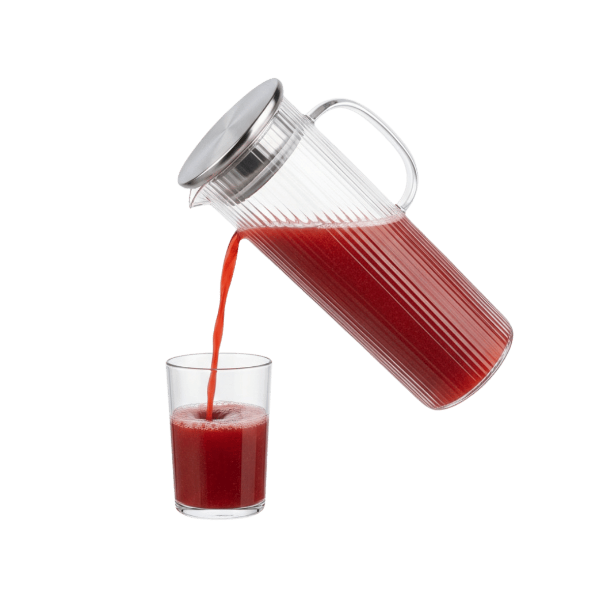 Clear glass pitcher pouring red juice into a clear glass