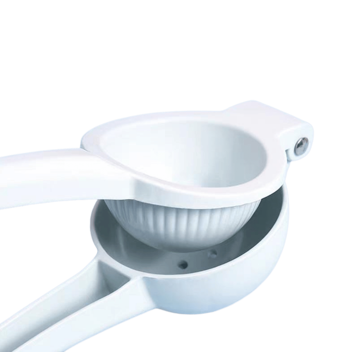 A close up image of the white manual lemon squeezer