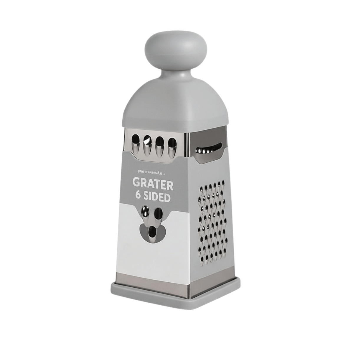 6-sided grater with grey handle and silver stainless steel body with a grey base
