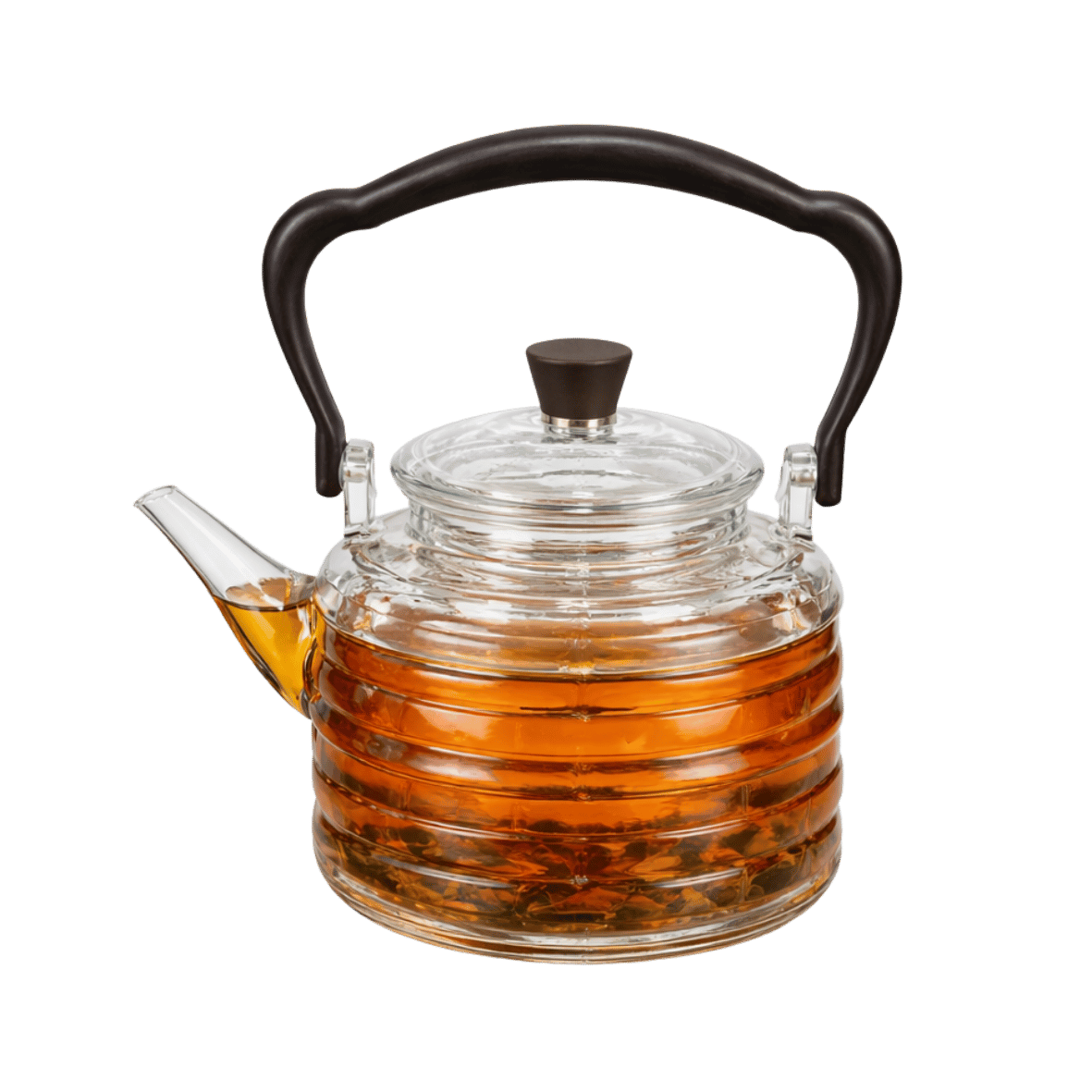 Clear glass teapot with black handle and lid knob. The image show the teapot filled with tea