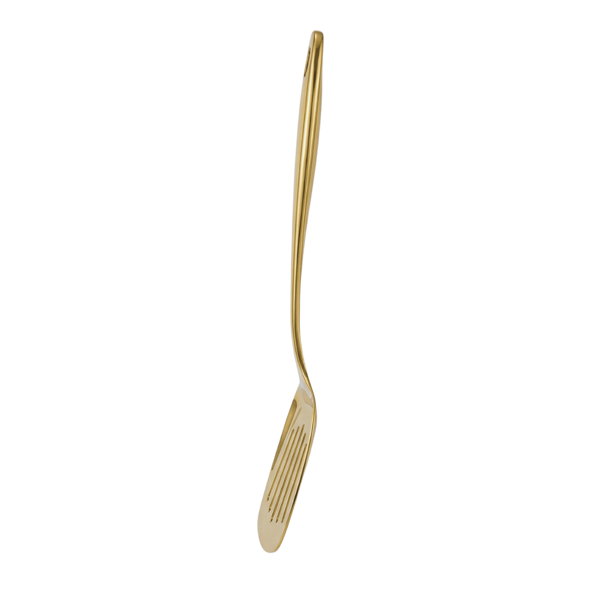 Stainless steel gold slotted spatula from a side angle