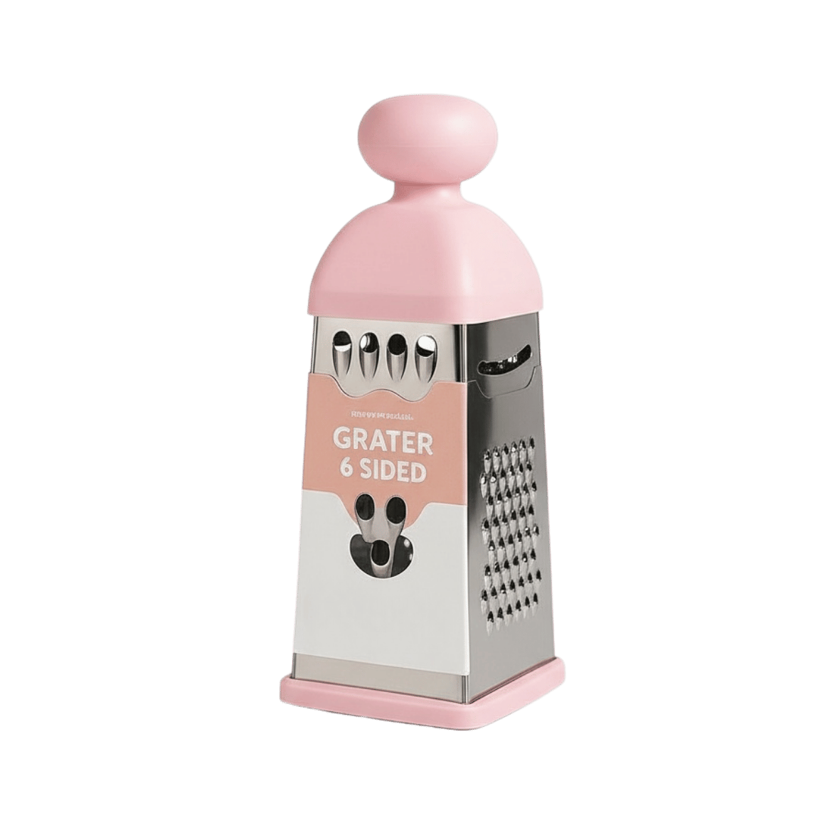 6-sided grater with pink handle and silver stainless steel body with a pink base