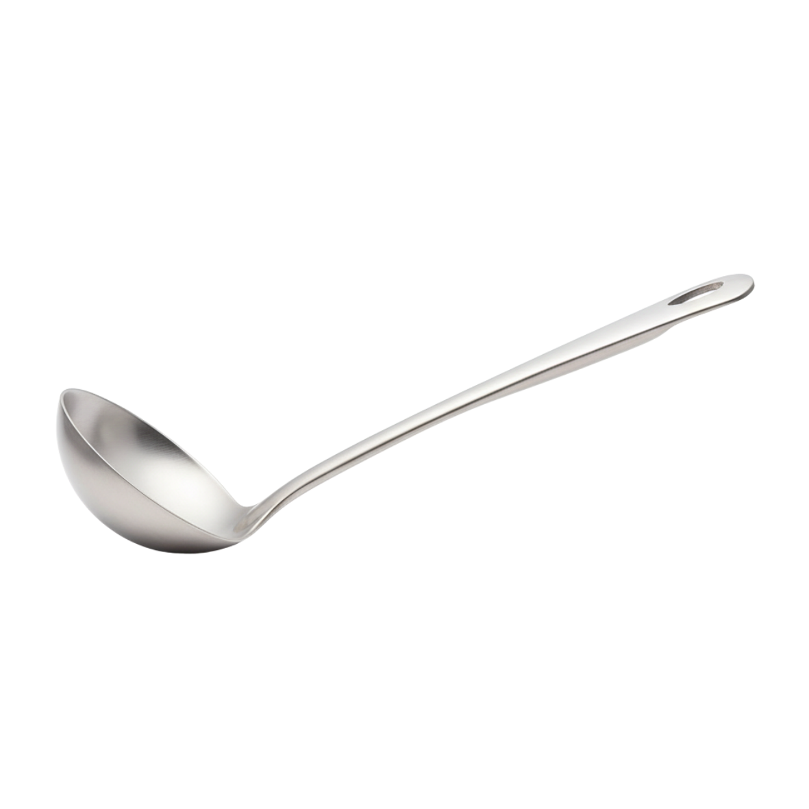 silver stainless steel serving ladle on a white background