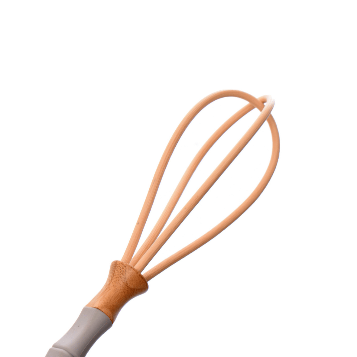 a close up image of the wooden whisk with grey silicon handle