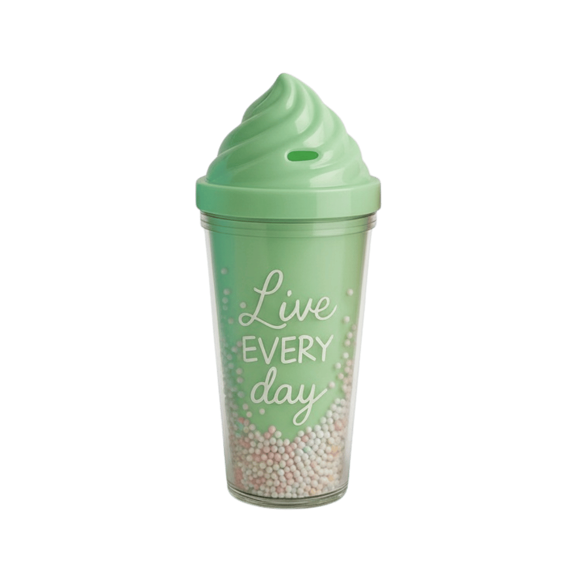 mint green plastic cups with ice cream shaped lid. The cups have text and decorative beads