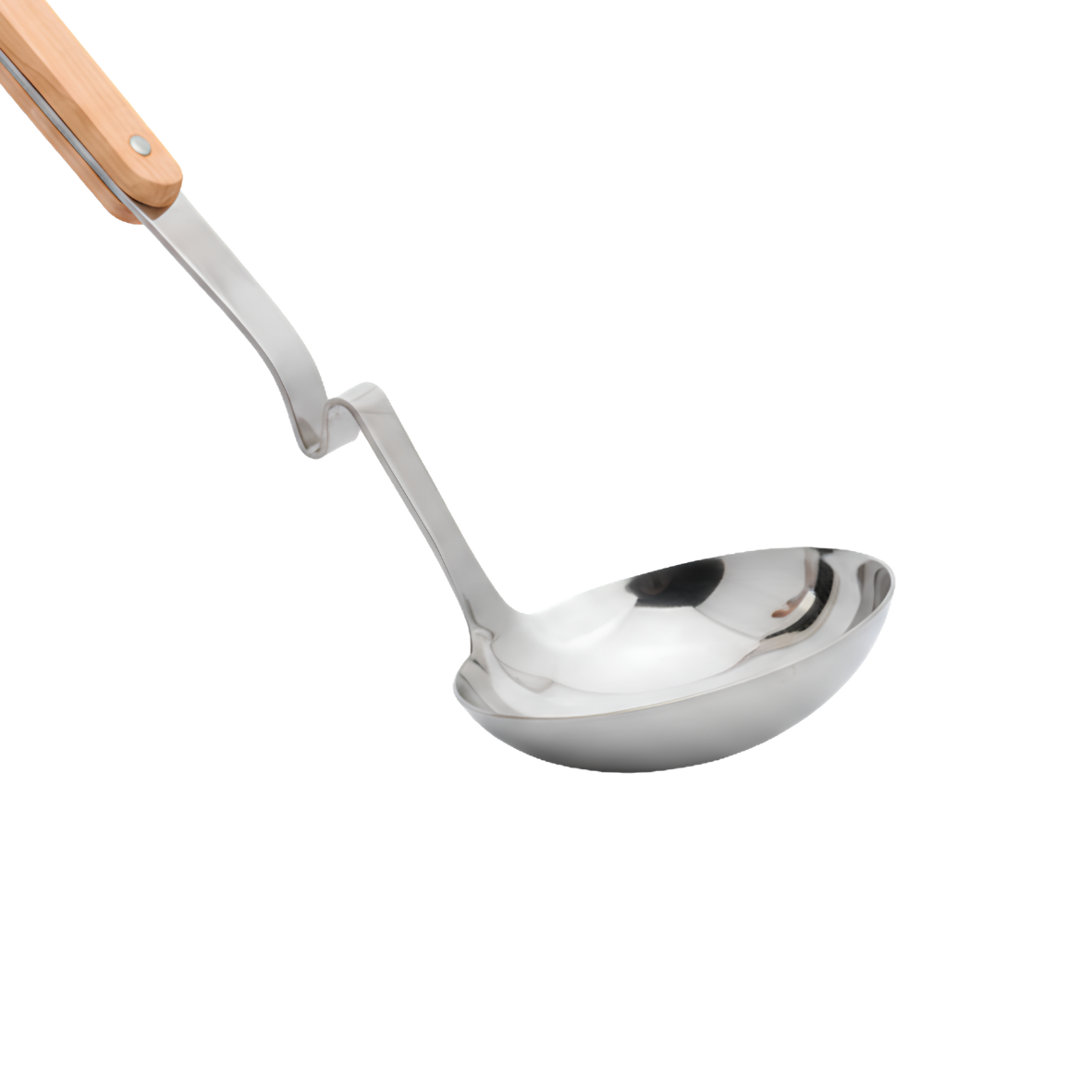 A close up of the Serving stainless steel ladle with a wooden handle