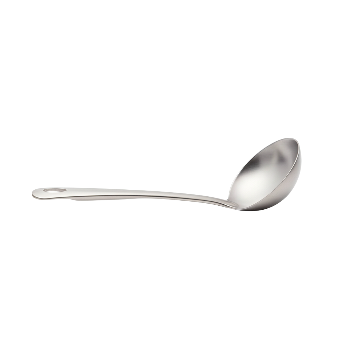 silver stainless steel serving ladle on a white background