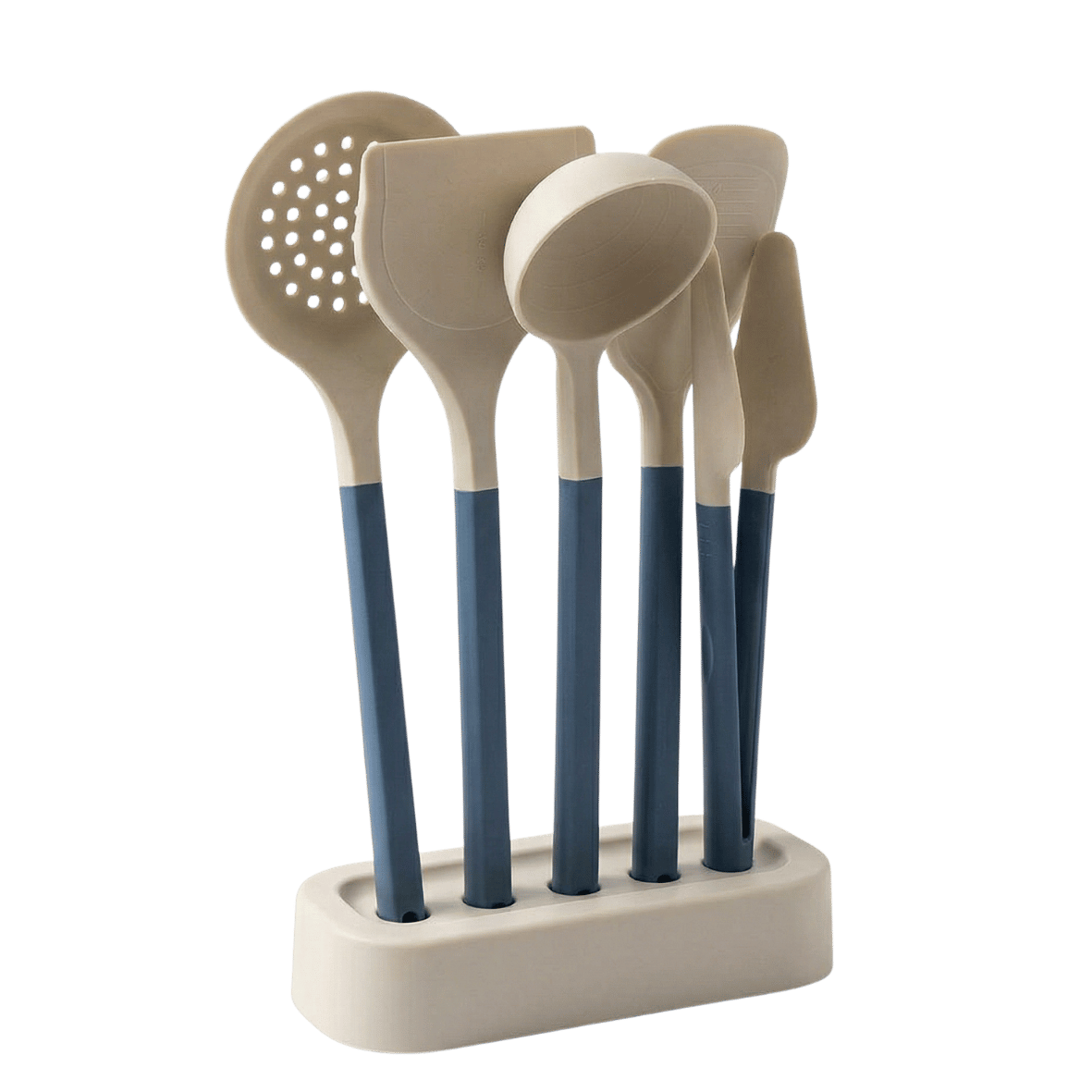 Set of five kitchen utensils with blue handles on a white stand