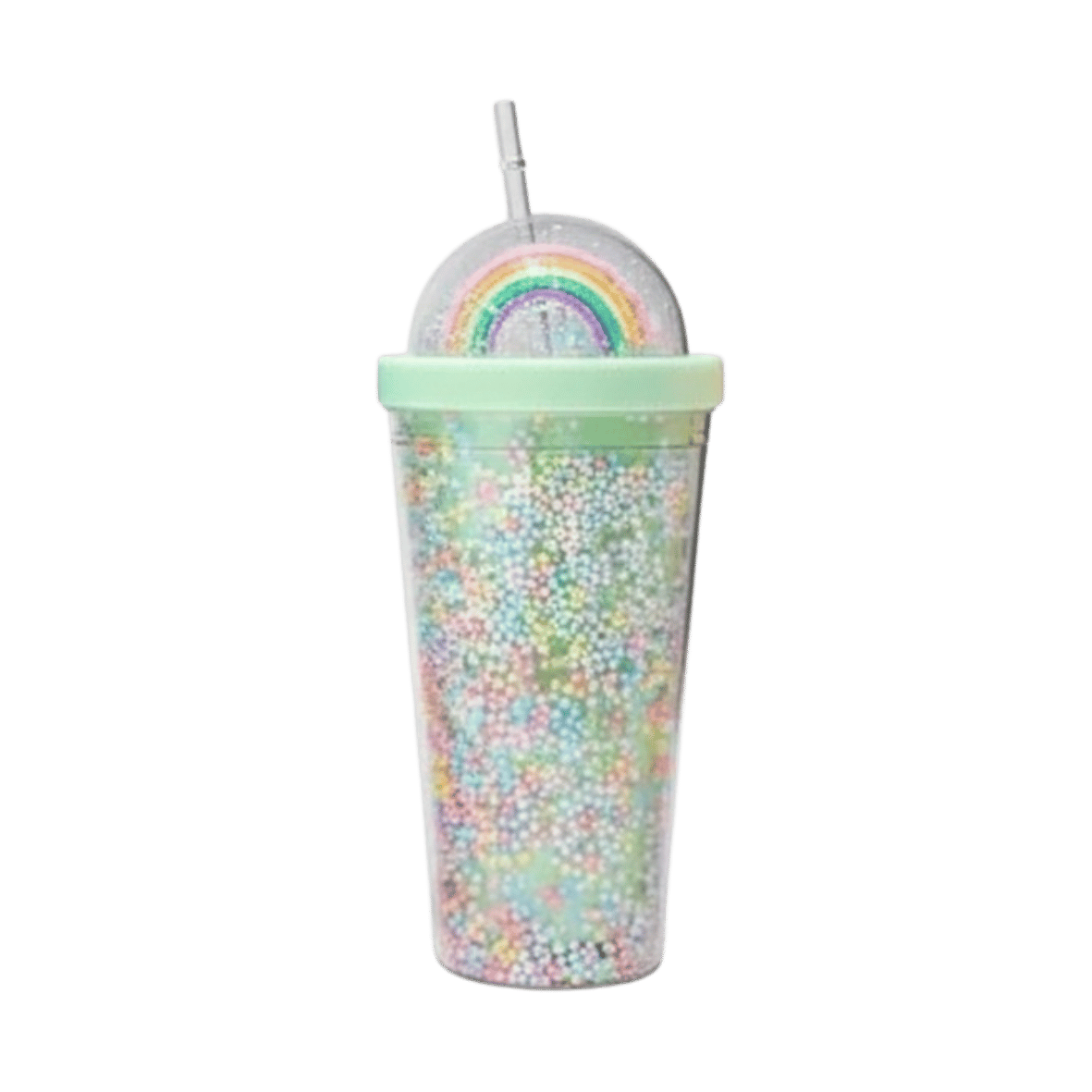 Mint Green plastic cup with lid and straw with colorful beads, rainbow design on lid