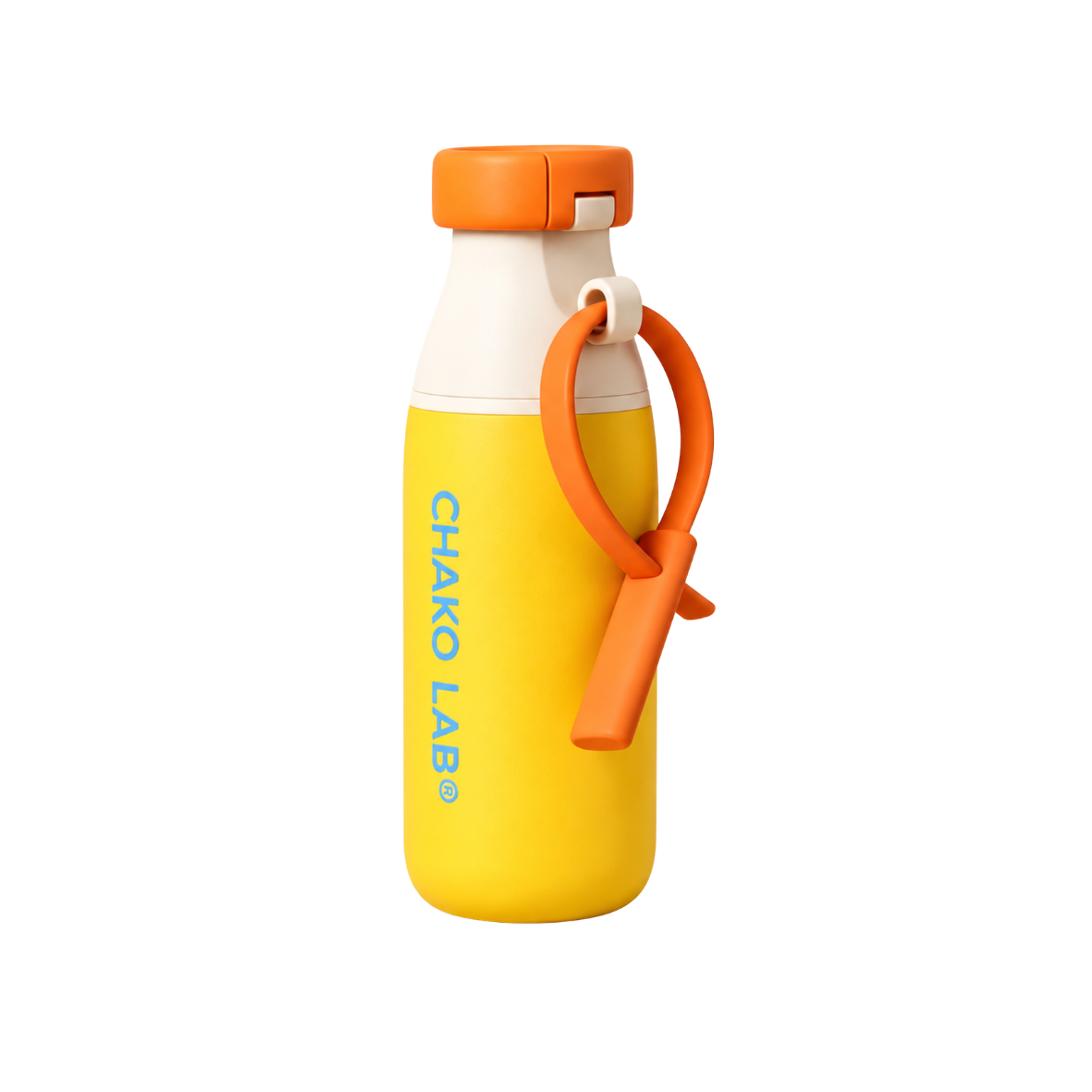 A Chako Lab insulated water bottle with a bright yellow body, white neck, orange cap, and orange carrying loop, shown on a plain white background.