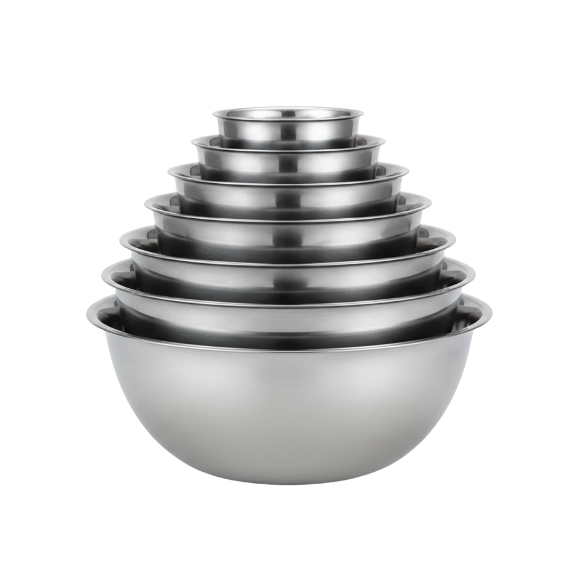 Silver Stainless Bowl with 7 different sizes stacked above each other