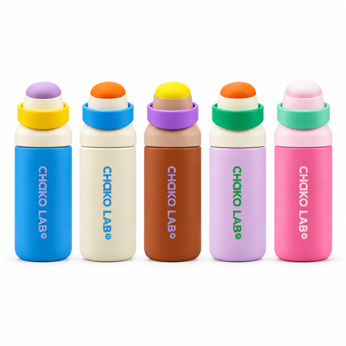 Five CHAKO LAB 750 ml bottle colors including pink | زجاجات شكولاب ٧٥٠ مل بخمسة ألوان تشمل الوردي