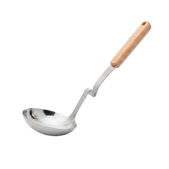 Serving stainless steel ladle with a wooden handle 