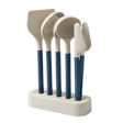 Set of five kitchen utensils with blue handles on a white stand 
