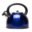 Blue whistle kettle with black handle on a white background