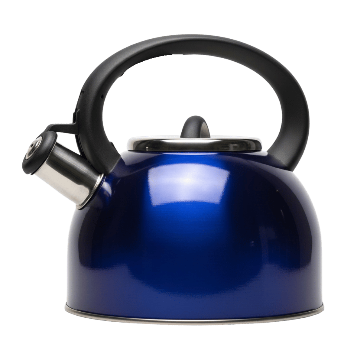 Blue whistle kettle with black handle on a white background