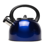 Blue whistle kettle with black handle on a white background