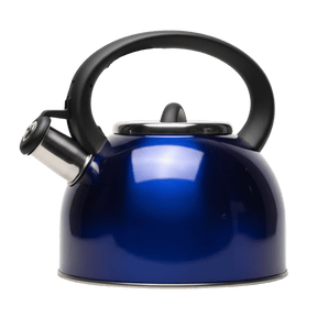 Blue whistle kettle with black handle on a white background