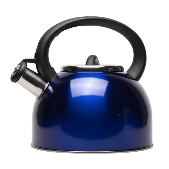 Blue whistle kettle with black handle on a white background