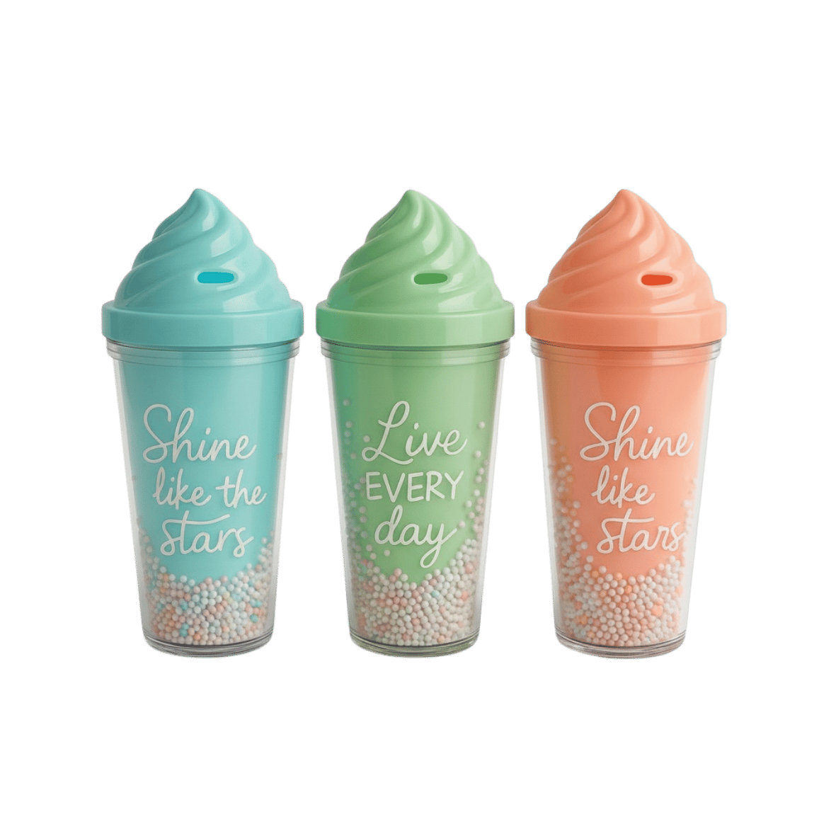 Three colorful plastic cups with ice cream shaped  lid. The cups have text and decorative beads