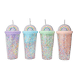 Four colorful plastic cups with lids and straws. The cups have rainbow design.