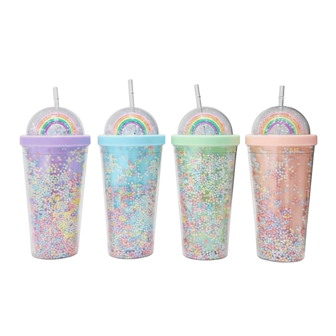 Four colorful plastic cups with lids and straws. The cups have rainbow design.
