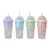 Four colorful plastic cups with lids and straws. The cups have rainbow design.