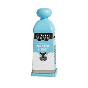 6-sided grater with blue handle and silver stainless steel body with a blue base
