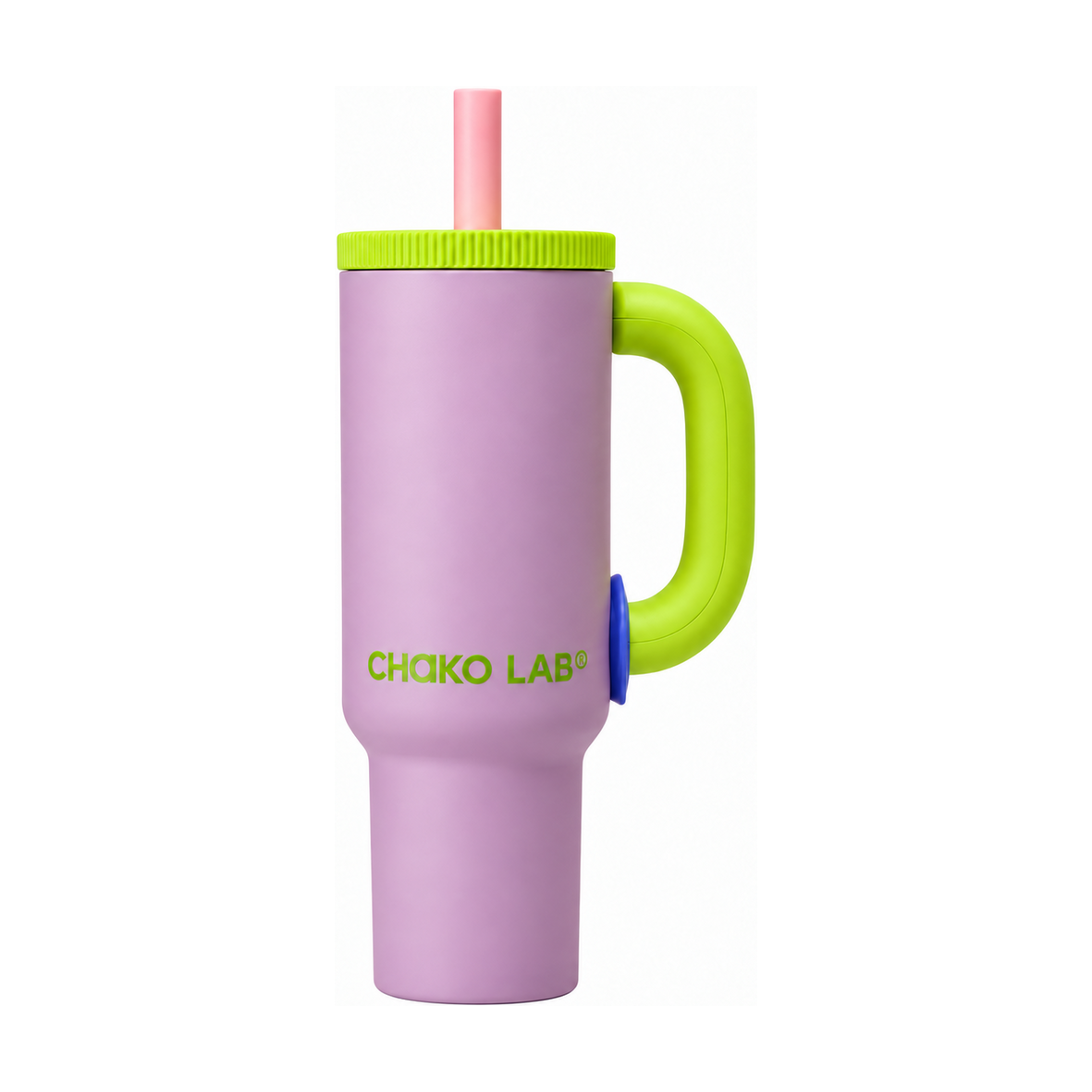 A pink insulated tumbler with a bright yellow-green handle, matching straw, and yellow-green rim, featuring a blue CHQKO LAB logo on the front.