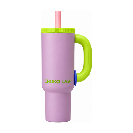 A pink insulated tumbler with a bright yellow-green handle, matching straw, and yellow-green rim, featuring a blue CHQKO LAB logo on the front.