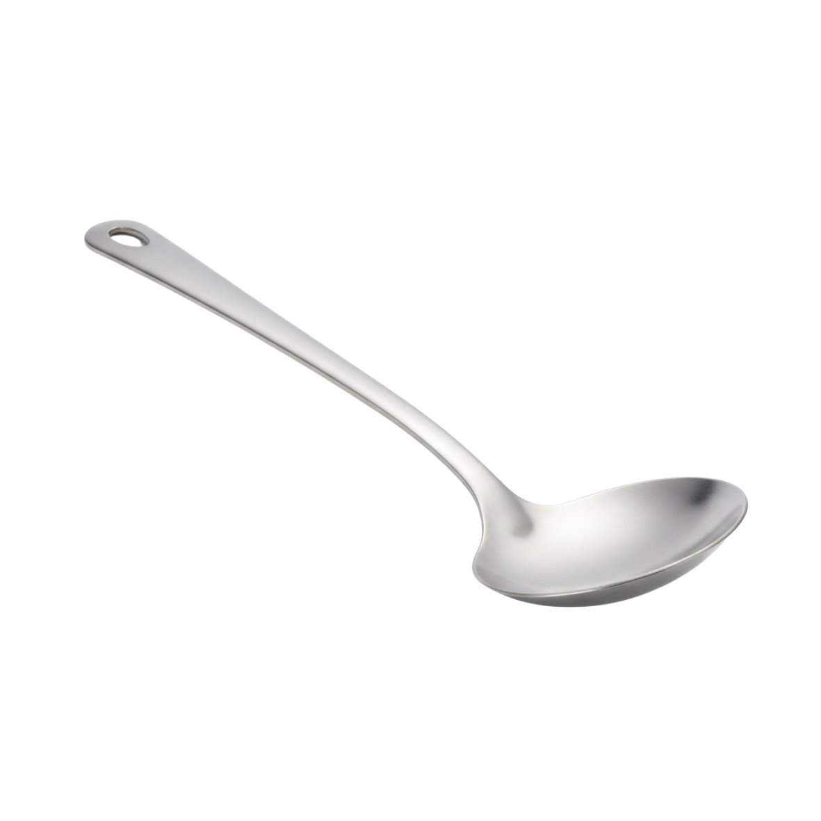 silver stainless steel serving ladle on a white background