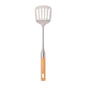 Stainless steel slotted spatula with wooden handle