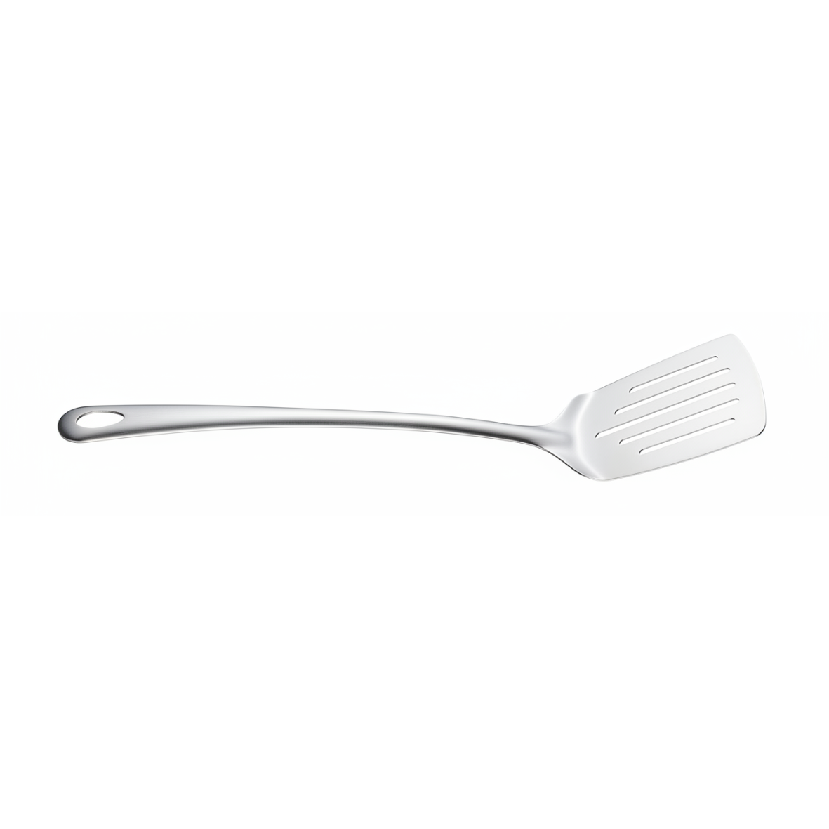 silver stainless steel serving slotted spatula on a white background