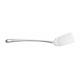 silver stainless steel serving slotted spatula on a white background