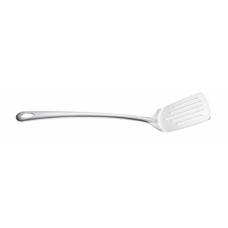 silver stainless steel serving slotted spatula on a white background