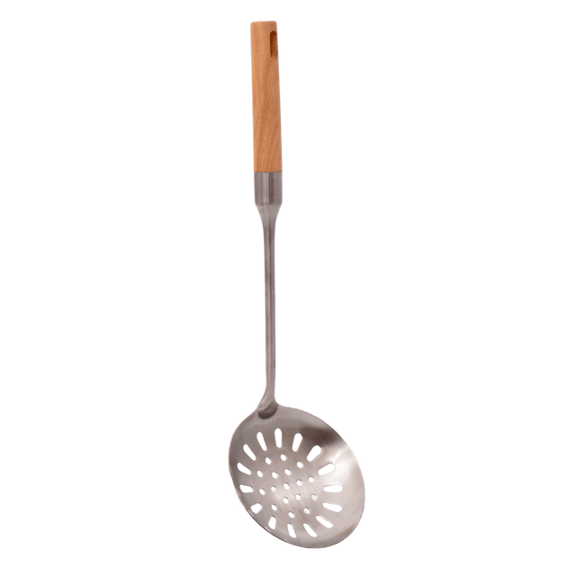 Stainless serving skimmer with wooden handle 